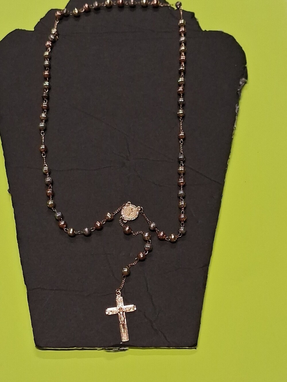 Rose Gold and Black Rosary-Style Cross Necklace